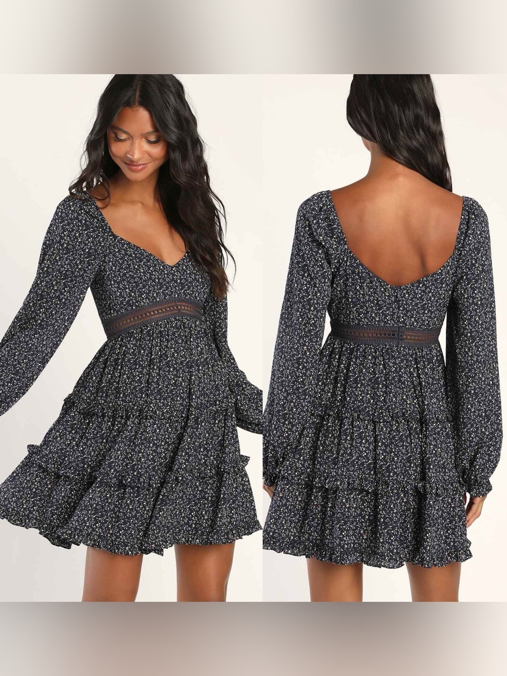 Lulus | Charming Days Navy Floral Print Ruffled Long Sleeve Mini Dress